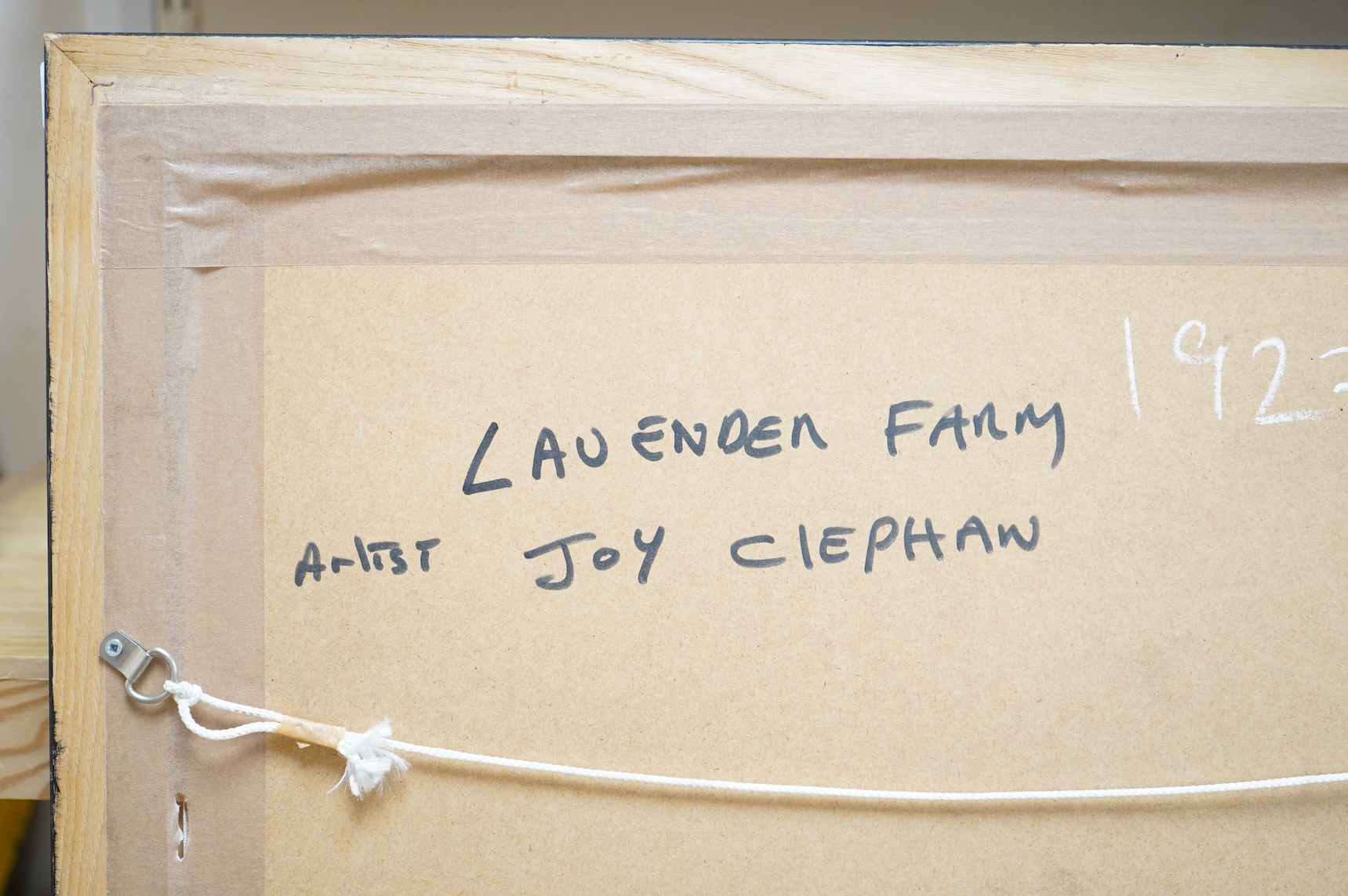 Joy Clephan (contemporary), ‘Lavender Farm’, inscribed verso, abstract acrylic on canvas board, 59 x 49cm